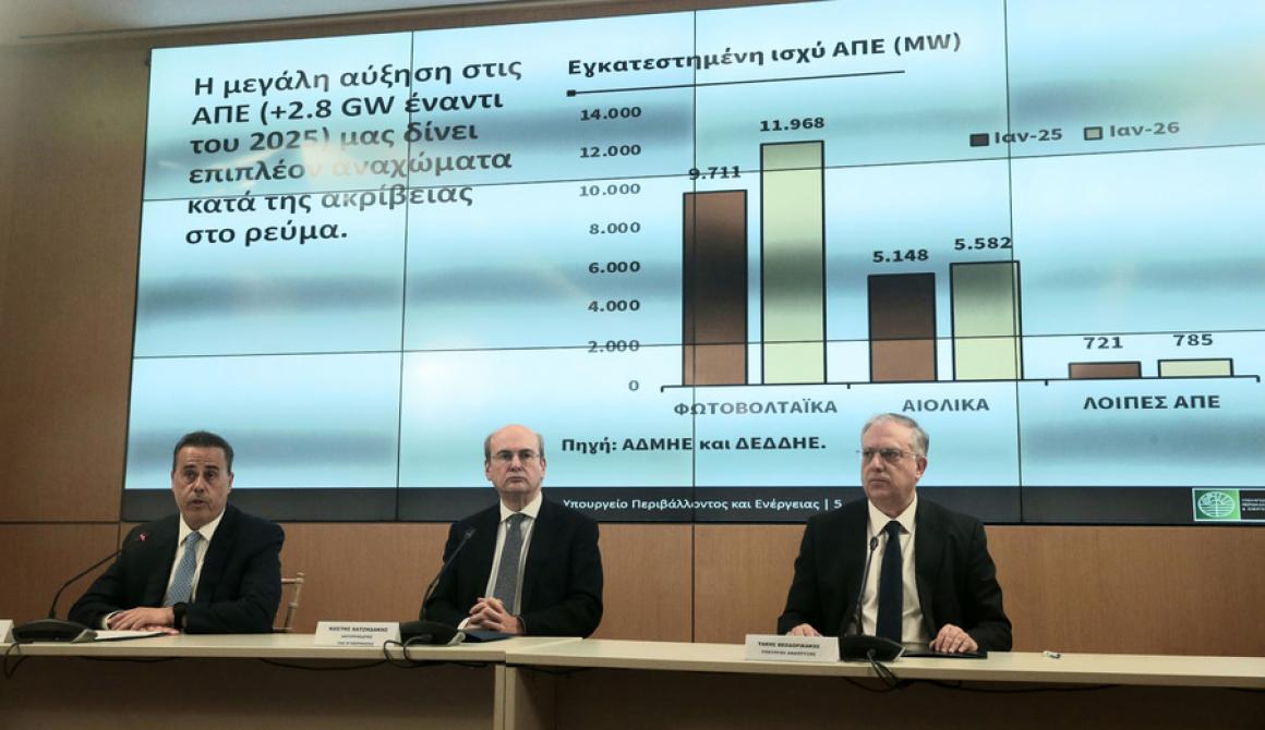 	O αντιπρόεδρος της Κυβέρνησης Κωστής Χατζηδάκης (Κ), ο υπουργός Περιβάλλοντος και Ενέργειας Σταύρος Παπασταύρου (Α) και ο υπουργός Ανάπτυξης Τάκης Θεοδωρικάκος (Δ) ανακοινώνουν τα έκτακτα μέτρα για την αντιμετώπιση της αισχροκέρδειας λόγω του πολέμου στο Ιράν, Αθήνα, Τετάρτη 11 Μαρτίου 2026. ΑΠΕ-ΜΠΕ/ΑΠΕ-ΜΠΕ/ΑΛΕΞΑΝΔΡΟΣ ΒΛΑΧΟΣ