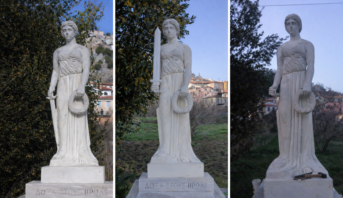 Η εξέλιξη του Ηρώου Πεσόντων της Αγιάσου σε τρεις εικόνες: αριστερά η αρχική μορφή του μνημείου,  στο κέντρο η αλλοιωμένη εικόνα με το μαρμάρινο σπαθί που παρέμεινε σχεδόν δύο χρόνια και δεξιά η σημερινή κατάσταση μετά την αφαίρεση του επίμαχου στοιχείου μετά το δημοσίευμα του Lesvosnews.net