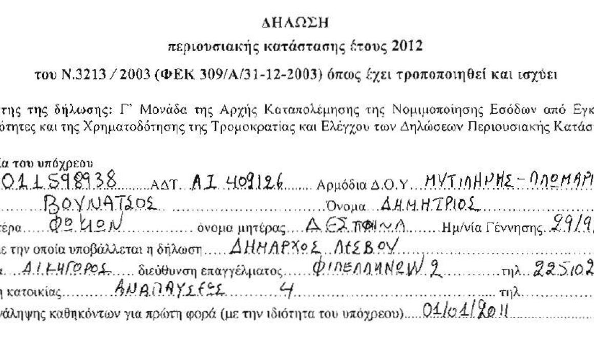 Η περιουσιακή κατάσταση του Δημάρχου Λέσβου 