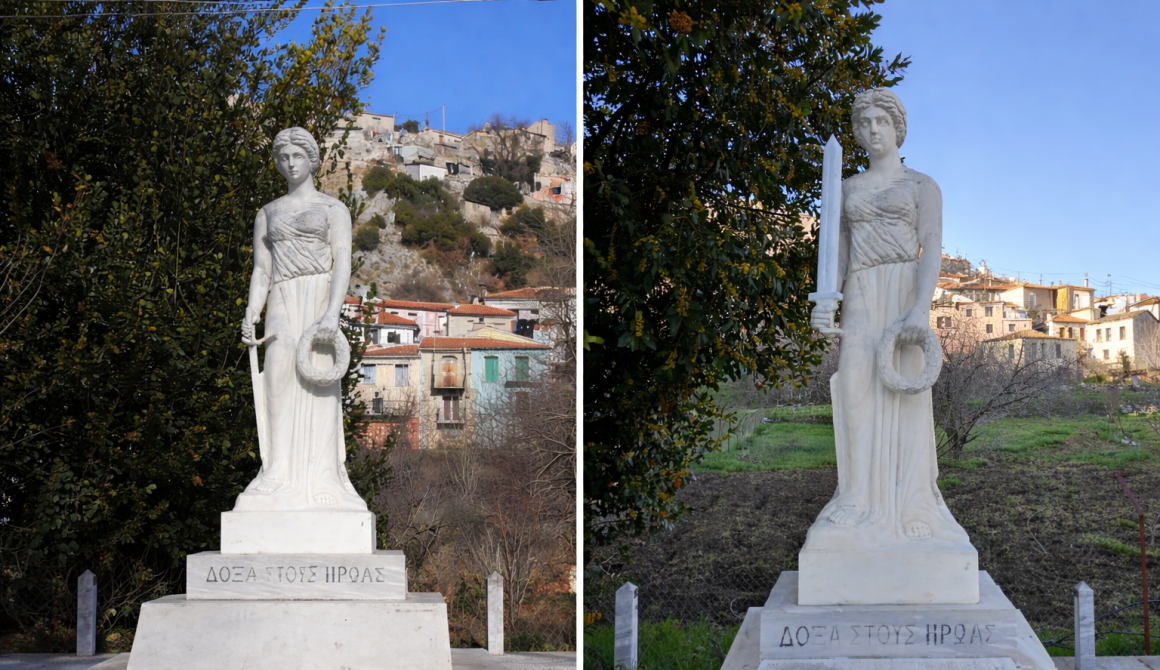 Αριστερά το μνημείο όπως το δημιούργησε ο γλύπτης Ιωάννης Χατζηδιάκος. Δεξιά η «αποκατάσταση» του Δήμου Μυτιλήνης.