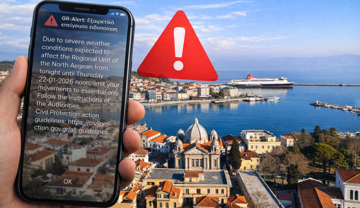 Μήνυμα έκτακτης ειδοποίησης του 112 πάνω από μια ήρεμη Μυτιλήνη, σε μια ημέρα όπου οι προβλέψεις για ακραία καιρικά φαινόμενα δεν επιβεβαιώθηκαν, αφήνοντας πίσω τους περισσότερη αναστάτωση παρά κακοκαιρία.