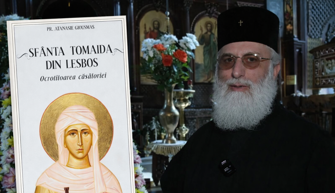 Το εξώφυλλο της ρουμανικής έκδοσης του βιβλίου «Sfânta Tomaida din Lesbos, ocrotitoarea căsătoriei» πλαισιώνεται από τον συγγραφέα του, π. Αθανάσιο Γιουσμά, σε έναν συμβολικό διάλογο πίστης, λόγου και μνήμης, που συνδέει τη Λέσβο με τον ευρύτερο ορθόδοξο κόσμο.