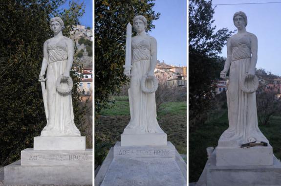 Η εξέλιξη του Ηρώου Πεσόντων της Αγιάσου σε τρεις εικόνες: αριστερά η αρχική μορφή του μνημείου,  στο κέντρο η αλλοιωμένη εικόνα με το μαρμάρινο σπαθί που παρέμεινε σχεδόν δύο χρόνια και δεξιά η σημερινή κατάσταση μετά την αφαίρεση του επίμαχου στοιχείου μετά το δημοσίευμα του Lesvosnews.net