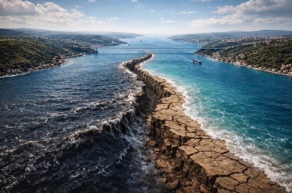 Συμβολική απεικόνιση της μεταβολής στη ροή των νερών από τη Μαύρη Θάλασσα προς το Βόρειο Αιγαίο, όπως καταγράφεται στη νέα επιστημονική έρευνα του Πανεπιστημίου Αιγαίου.
