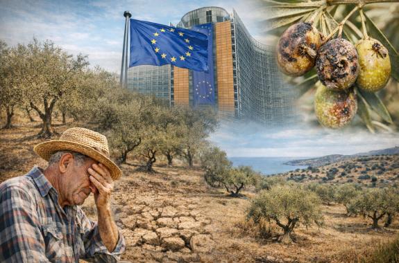 Η κρίση της ελληνικής ελαιοκαλλιέργειας σε μία εικόνα: ξηρασία, προσβολές από τον δάκο, εγκαταλειμμένοι ελαιώνες και οι ελαιοπαραγωγοί μόνοι, χωρίς ενεργοποίηση ευρωπαϊκής στήριξης από το κράτος.