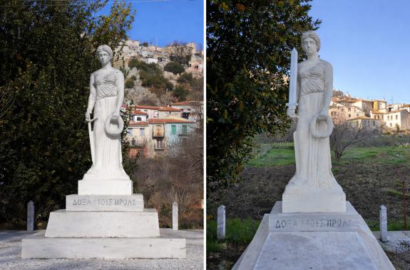 Αριστερά το μνημείο όπως το δημιούργησε ο γλύπτης Ιωάννης Χατζηδιάκος. Δεξιά η «αποκατάσταση» του Δήμου Μυτιλήνης.