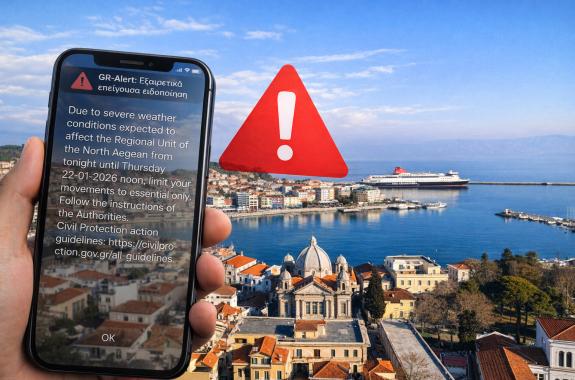 Μήνυμα έκτακτης ειδοποίησης του 112 πάνω από μια ήρεμη Μυτιλήνη, σε μια ημέρα όπου οι προβλέψεις για ακραία καιρικά φαινόμενα δεν επιβεβαιώθηκαν, αφήνοντας πίσω τους περισσότερη αναστάτωση παρά κακοκαιρία.