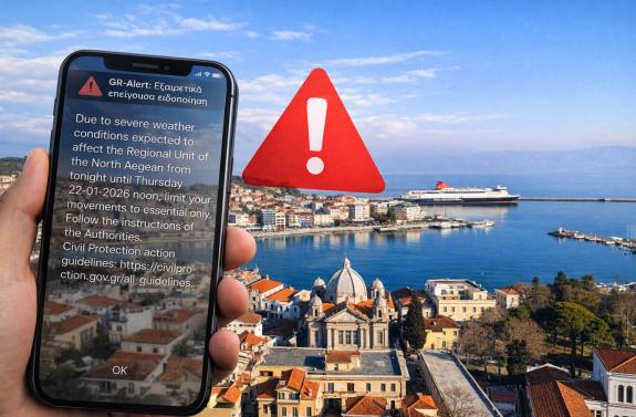 Μήνυμα έκτακτης ειδοποίησης του 112 πάνω από μια ήρεμη Μυτιλήνη, σε μια ημέρα όπου οι προβλέψεις για ακραία καιρικά φαινόμενα δεν επιβεβαιώθηκαν, αφήνοντας πίσω τους περισσότερη αναστάτωση παρά κακοκαιρία.